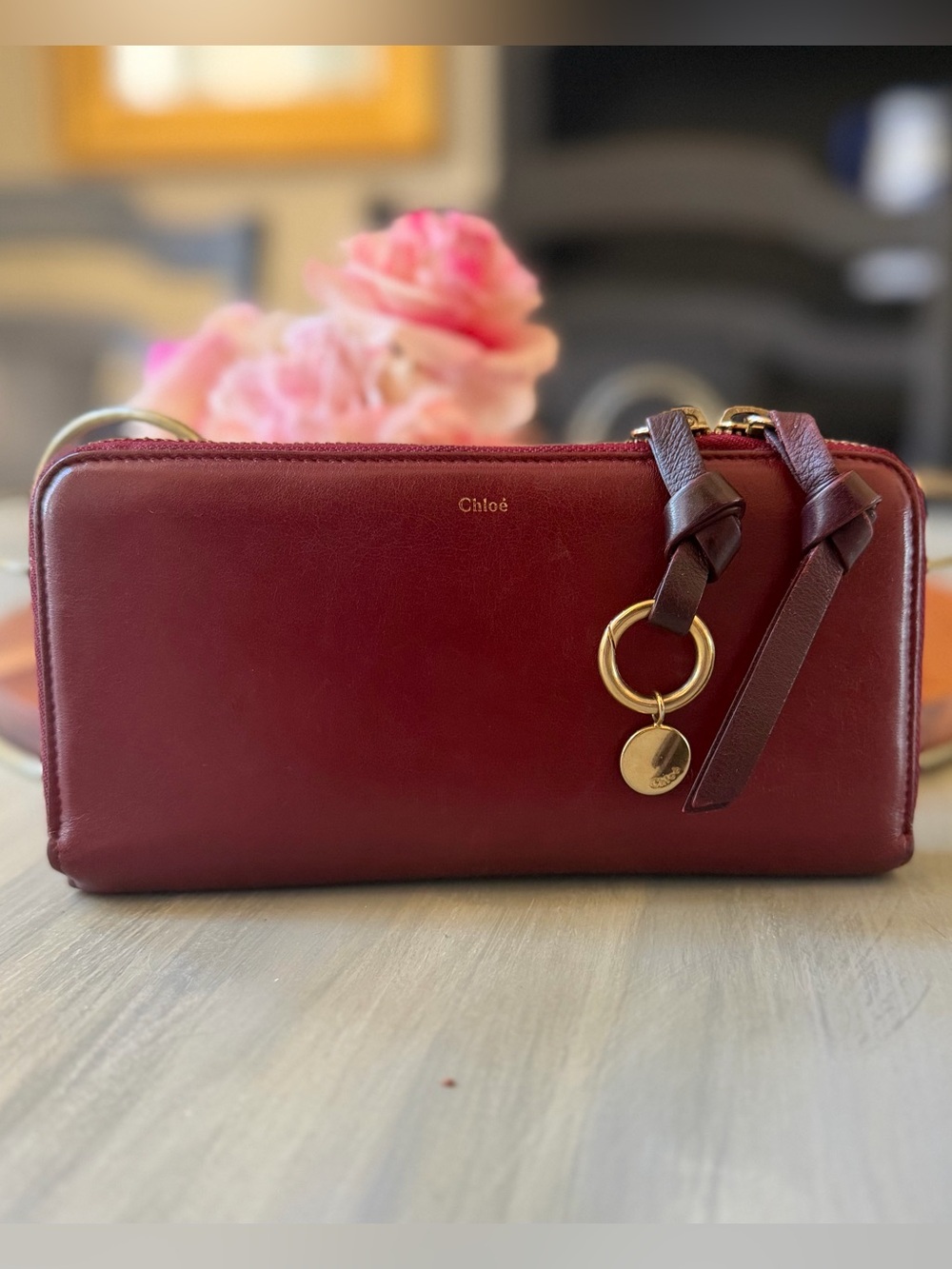 Chloé Baylee Leather Zip-Around Continental Wallet Clutch Burgundy / Grenat